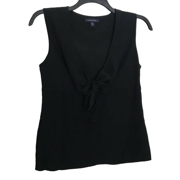 Lands End Black Silky Sleeveless Top With Tie Front - Size 6 - Empire Waist - Picture 1 of 7